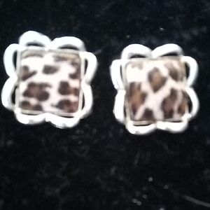 Leopard Print Floral Frame Stud Clip On Earrings - Brown